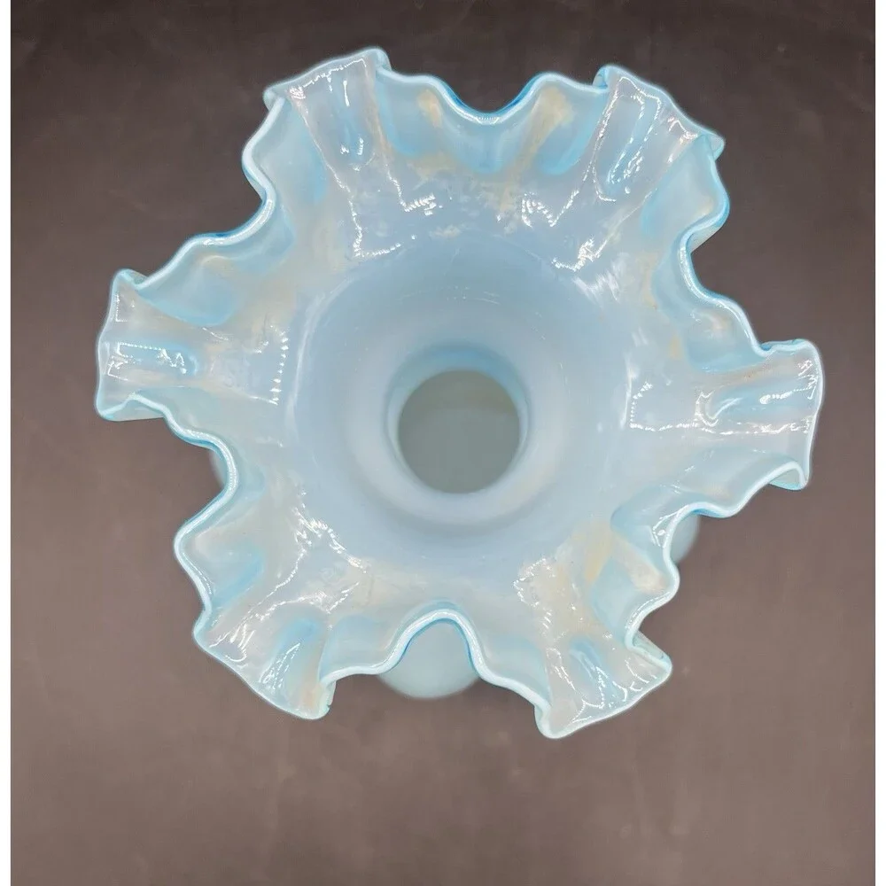 Vintage Fenton Blue Opalescent Melon Vase Ruffled Crimped Rim Art Glass 7.5”